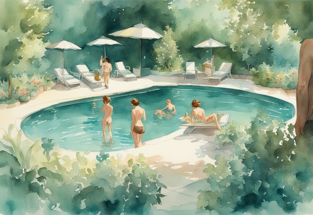 Vintage-Aquarell-Illustration eines idyllischen Außenbereichs mit einem funkelnden Pool ohne Chlor, umgeben von üppigem Grün, in dem Menschen sichtbar das klare, erfrischende Wasser genießen.