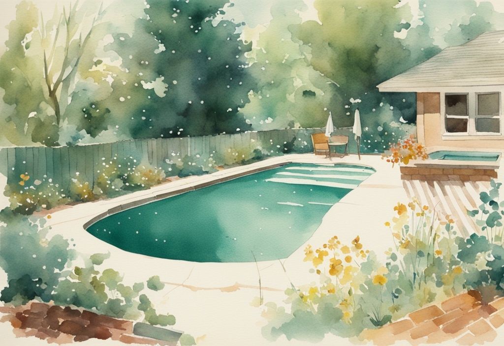 Vintage Aquarellillustration eines malerischen Hinterhofpools unter strahlender Sonne mit ungewöhnlichen weißen Flocken auf der Wasseroberfläche in der Hauptfarbe Türkis.