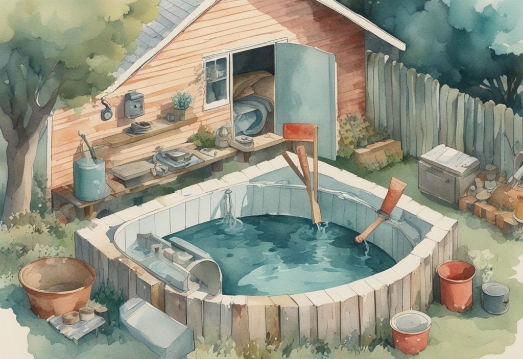 Vintage Aquarell-Illustration einer Person, die im Garten einen selbstgemachten Whirlpool zusammenbaut, mit Werkzeugen und Teilen in Teal-Farbtönen.