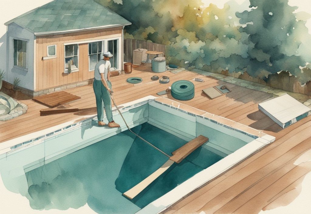 Vintage Aquarell-Illustration eines Hausbesitzers beim Bau einer Poolabdeckung mit Maßband, Hammer und Sperrholz, Hauptfarbthema Teal.