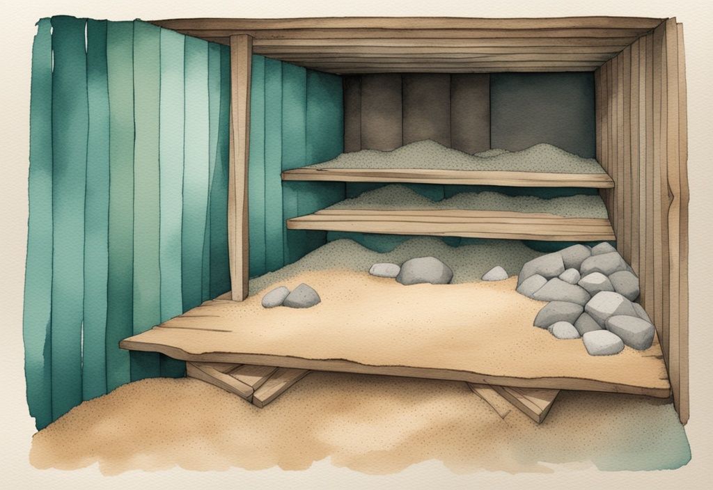 Vintage-Aquarell-Illustration einer einfachen Box für Sandfilteranlage selber bauen aus Holzplanken, gefüllt mit mehrschichtigem Sand, Kies und Holzkohle.