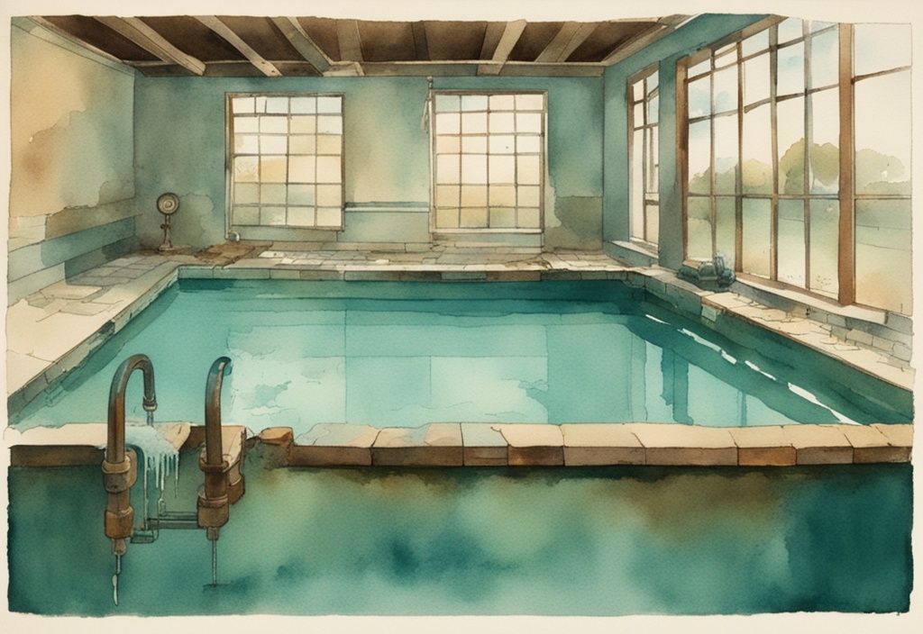 Vintage-Aquarell-Illustration eines Pools mit Korrosion und Flecken durch die Nachteile der Elektrolyse, Hauptfarbton Teal.