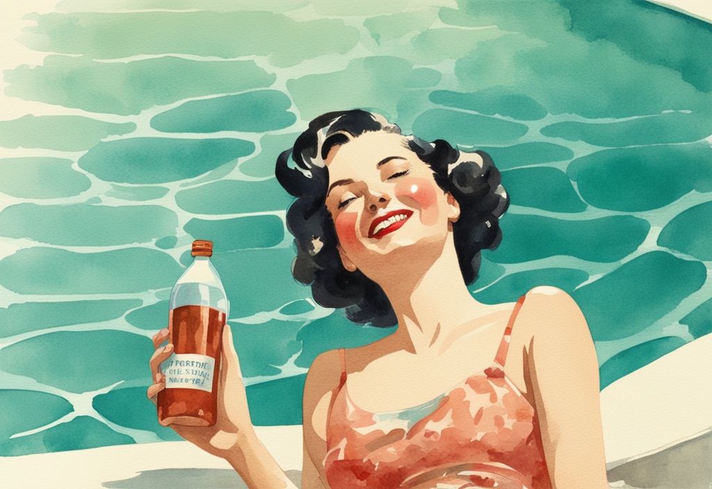 Vintage Aquarellillustration einer Frau in einem sauberen Pool, die eine Flasche Wasserstoffperoxid hält, Hauptfarbe Türkis