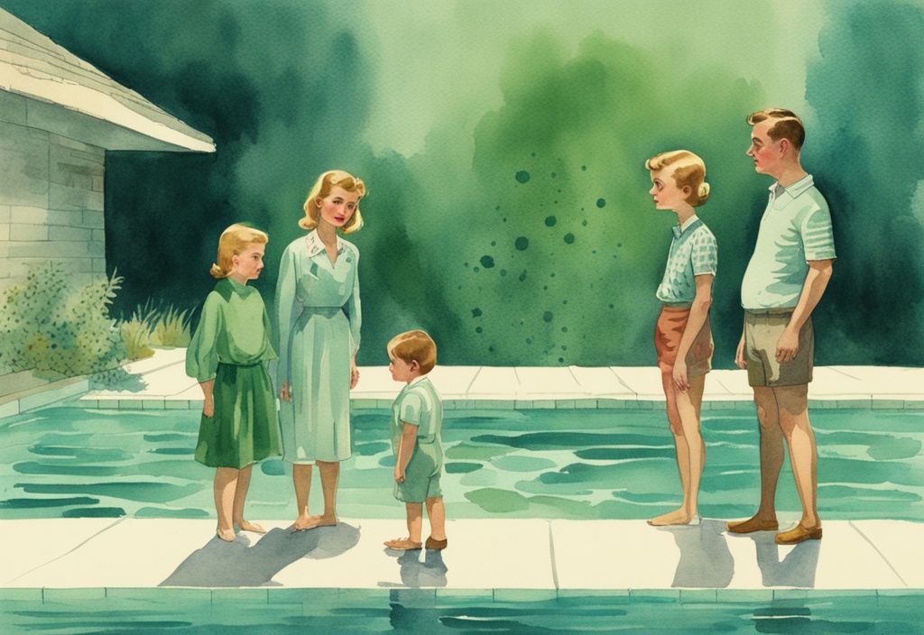 Vintage Aquarellillustration eines Pools mit grünen Algen in den Ecken, besorgte Familie daneben; sind Algen im Pool gefährlich