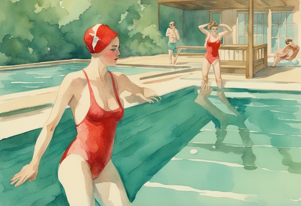 Vintage-Aquarell-Illustration eines Pools in Grün mit einem Schwimmer, der sich die roten, gereizten Augen reibt, zu viel Chlor im Pool Symptome.