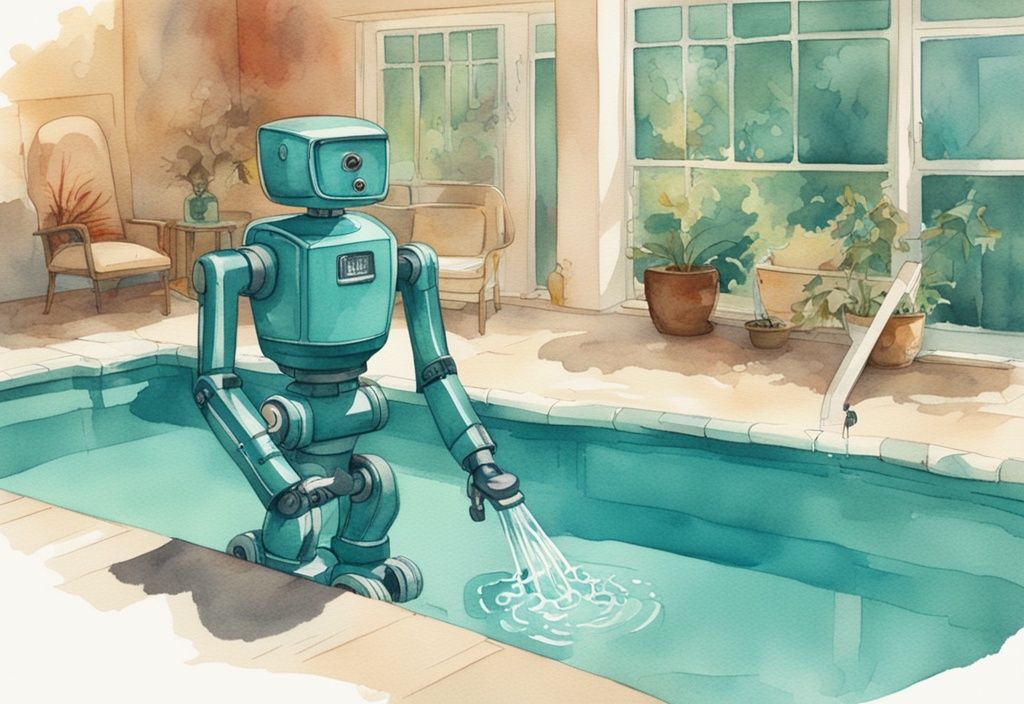 Vintage Aquarell-Illustration eines Wybot Poolroboters, der einen strahlend blauen Pool reinigt, mit sichtbarem Vorher-Nachher-Kontrast, Hauptfarbe Türkis.