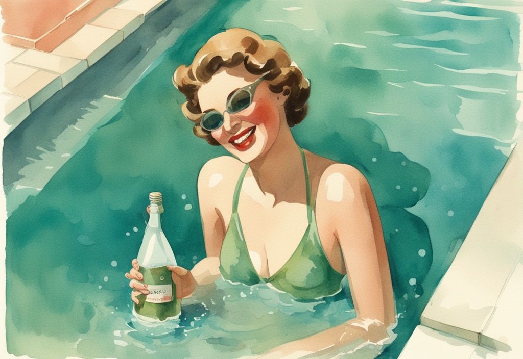 Vintage-Aquarell-Illustration einer Frau in einem sauberen Pool, die eine Flasche Wasserstoffperoxid hält, Hauptfarbthema Teal.