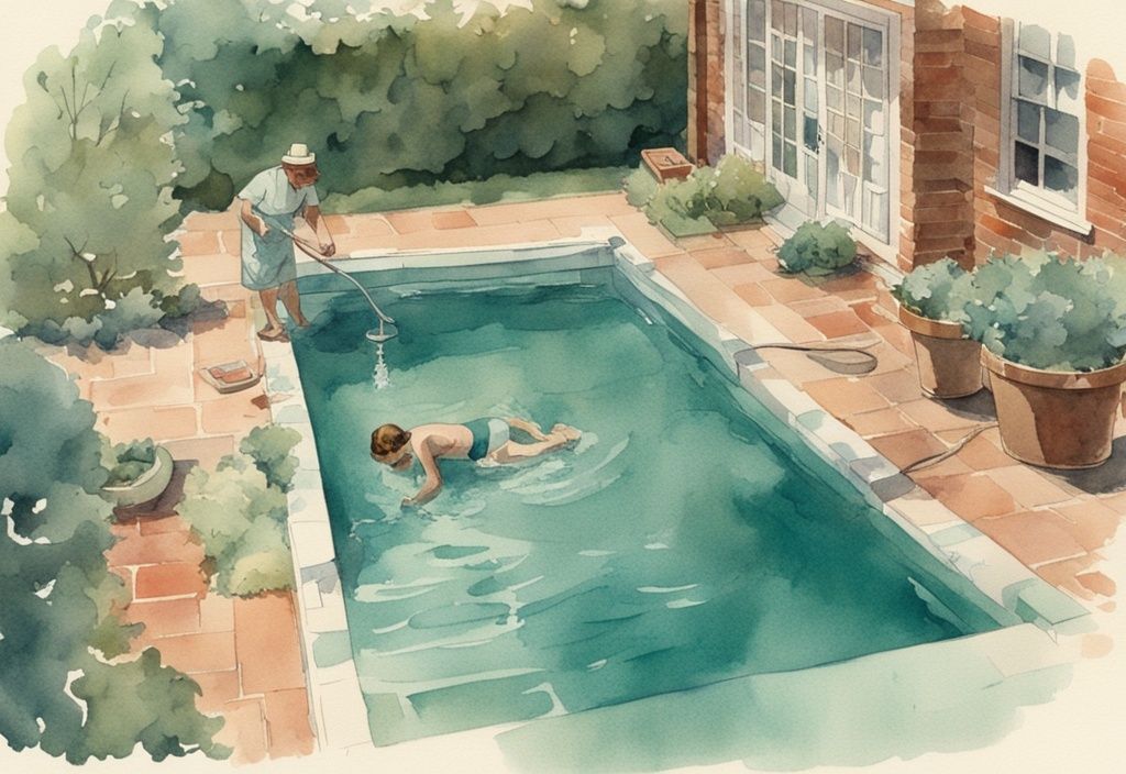 Vintage Aquarellillustration: Person repariert kleines Leck im Pool mit Hausmittel, Farbthema Türkis.