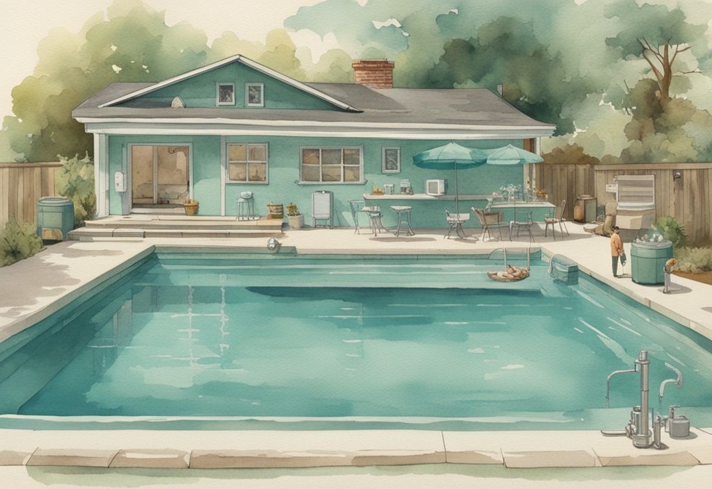 Vintage-Aquarell-Illustration mit modernem Pool-Wärmepumpen-Inverter in Testphase, umgeben von technischen Werkzeugen und Indikatoren, Hauptfarbthema: Türkis.