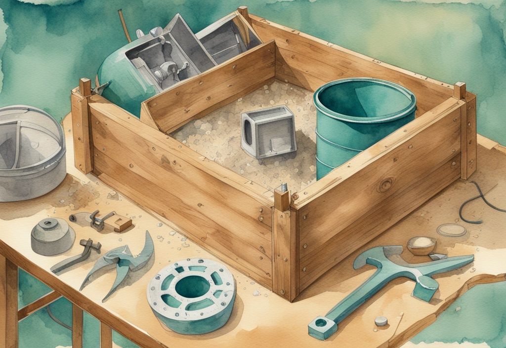 Vintage Aquarellillustration eines kürzlich gebauten Holzkastens mit Sandfiltersystem, umgeben von verstreuten Werkzeugen und einem DIY-Projektplan im Hintergrund, Hauptfarbe: Türkis.