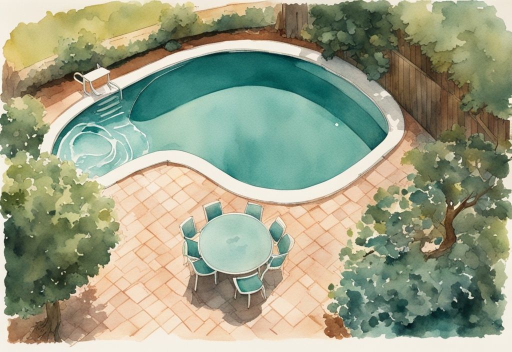 Vintage Aquarell-Illustration eines Pools im Hinterhof mit weißer Verfärbung durch Algen, Hauptfarbton Türkis