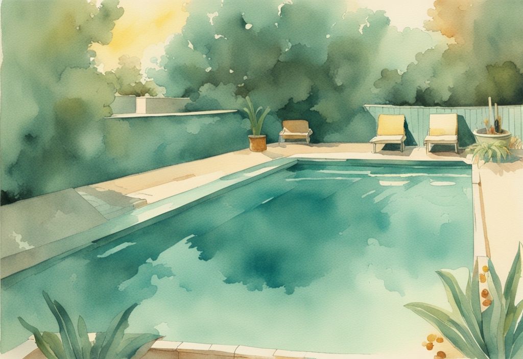 Vintage Aquarell-Illustration eines Pools unter der heißen Sonne mit sichtbarem Wasserdampf, der in die Luft aufsteigt, symbolisiert Verdunstung, in Teal-Farbtönen.