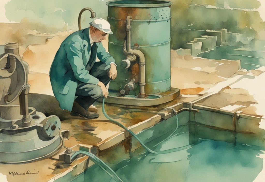 Vintage-Aquarell-Illustration einer besorgten Person, die grünes Wasser und rostige Poolausrüstung untersucht, symbolisiert Elektrolyse-Pool-Nachteile.