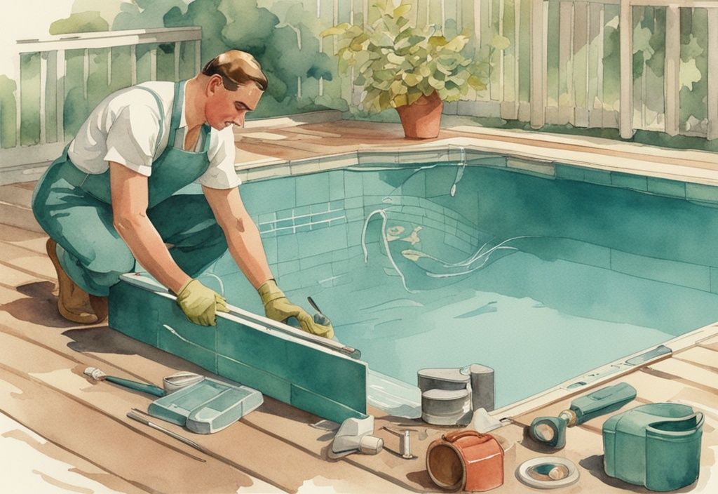 Vintage Aquarell Illustration eines Pooltechnikers, der den Rand eines Schwimmbeckens repariert, mit verschiedenen Poolreparaturwerkzeugen auf dem Deck neben ihm, Hauptfarbthema ist Türkis.