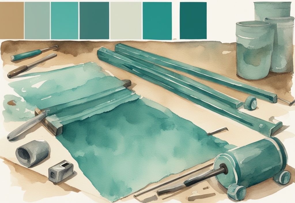 Vintage-Aquarellillustration eines DIY-Poolrollers, die in Teal gehalten ist und Schritt-für-Schritt den Bauprozess sowie die benötigten Werkzeuge und Materialien zeigt.