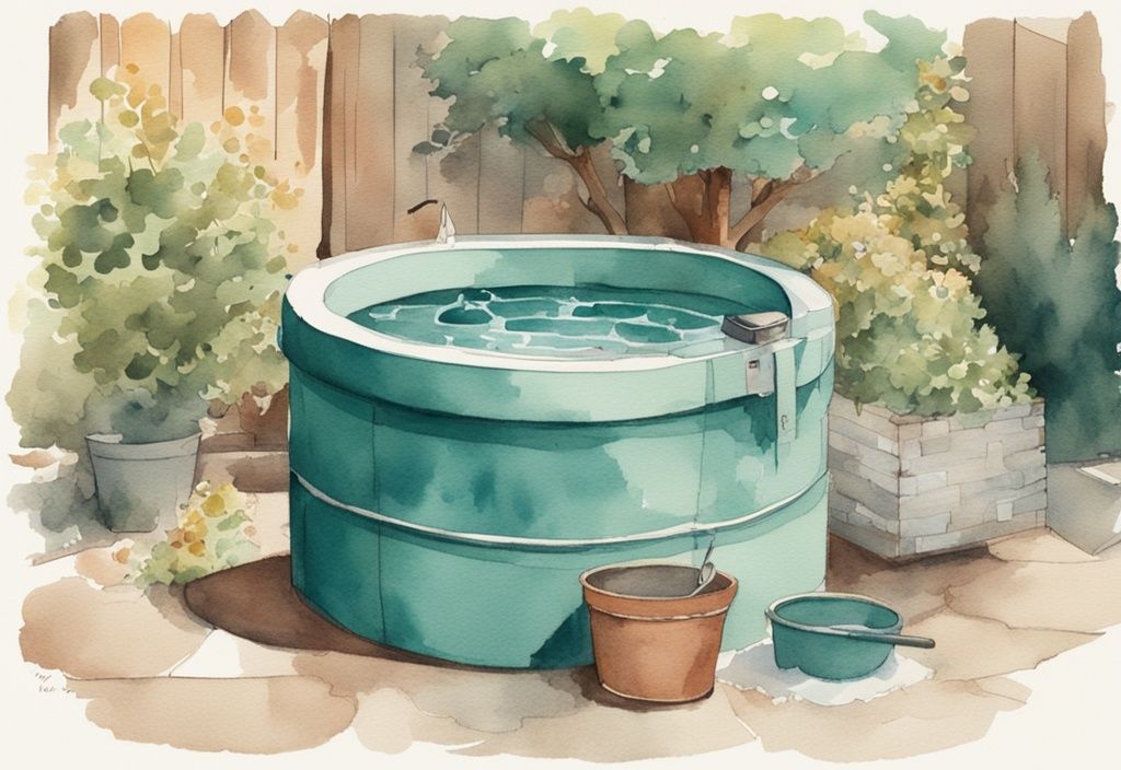 Vintage Aquarell-Illustration von Händen, die den letzten Schliff an einem selbstgebauten Whirlpool im Garten vornehmen, Hauptfarbton: Teal. Keyword: Whirlpool selber bauen.