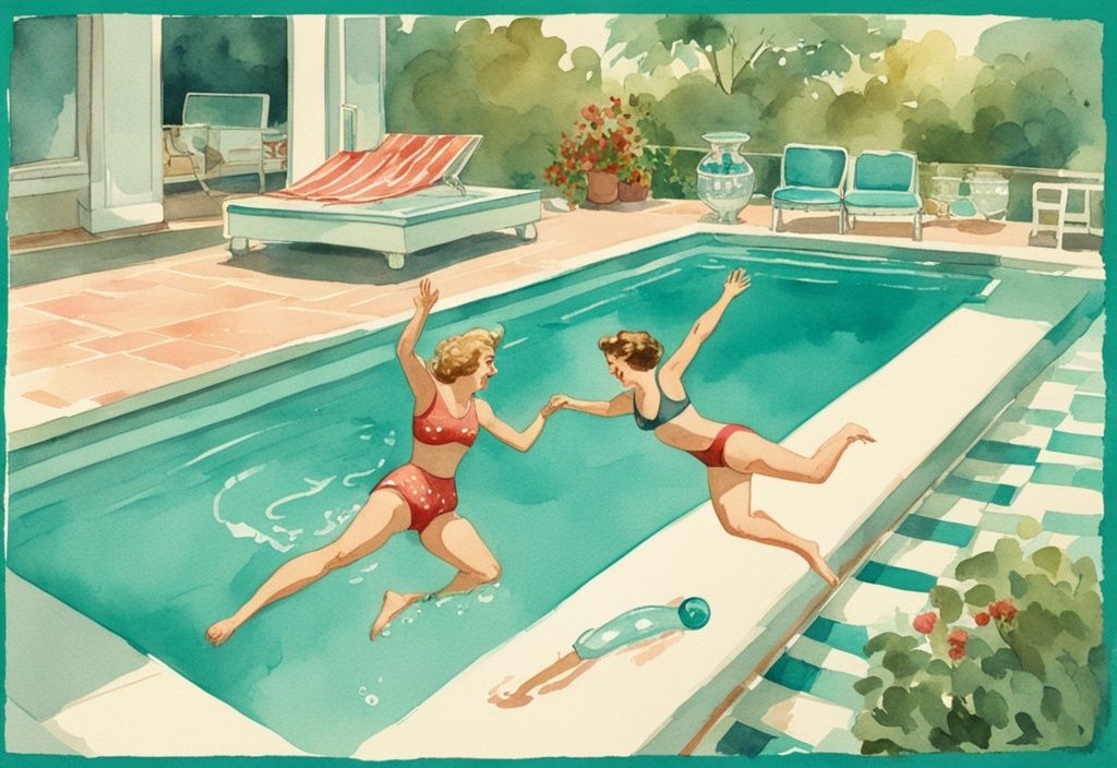 Vintage-Aquarellillustration eines Paares, das freudig in einen funkelnden sauberen Pool springt, mit einer klaren Flasche "Wasserstoffperoxid" auf dem Tisch am Poolrand, Wasserstoffperoxid-Pool-Erfahrungen.