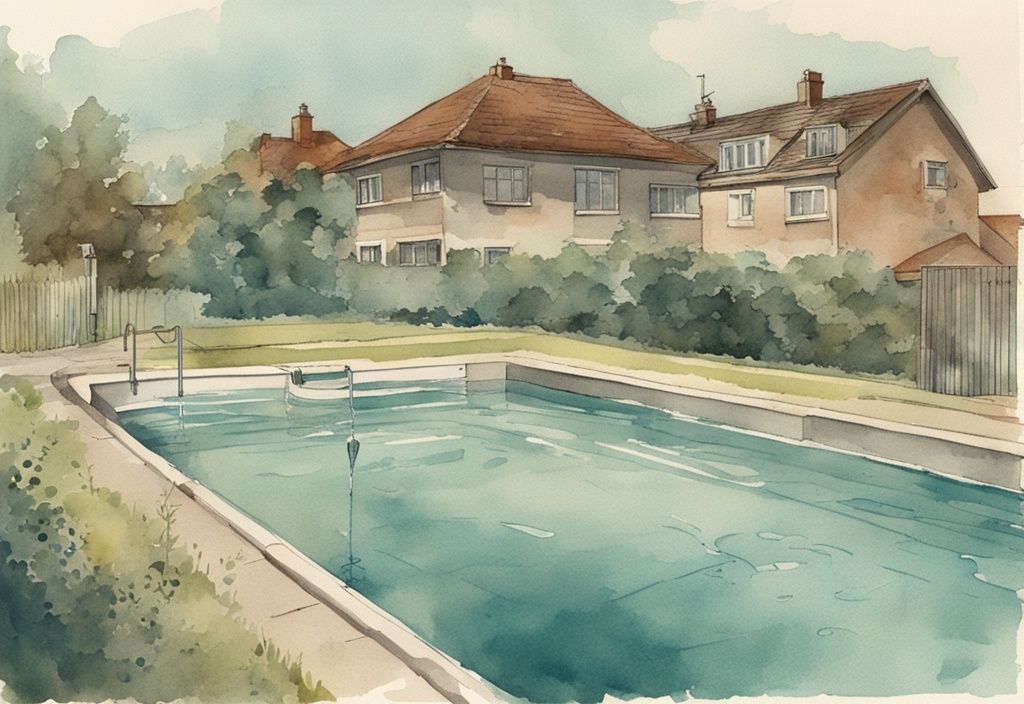 Vintage Aquarell-Illustration eines Wohnpools in NRW, Deutschland, der verantwortungsvoll in ein kommunales Abwassersystem abgelassen wird, Hauptfarbe Teal