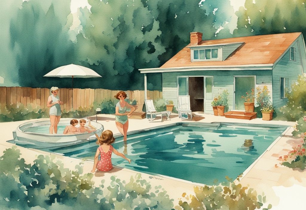 Vintage Aquarellillustration einer Familie, die in einem beheizten Pool im Garten schwimmt, mit Solardecke und Holzpoolheizung, Hauptfarbe Teal