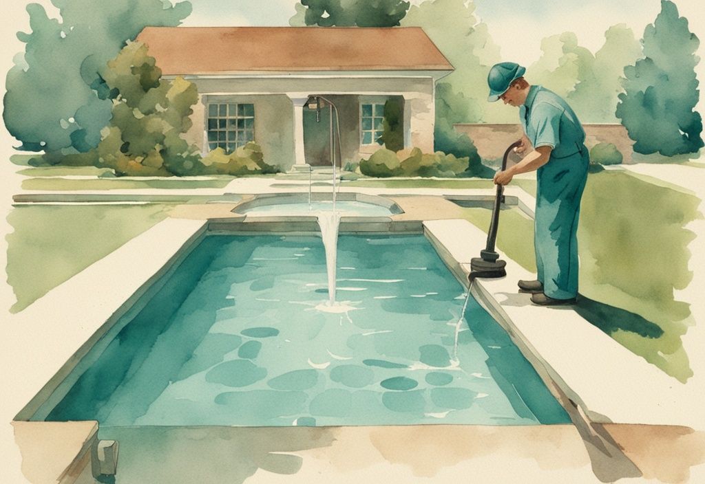 Vintage Aquarellillustration eines Poolwartungsarbeiters mit Handpumpe, der restliches Wasser aus einem Schwimmbecken entfernt, in Teal-Farbtönen.