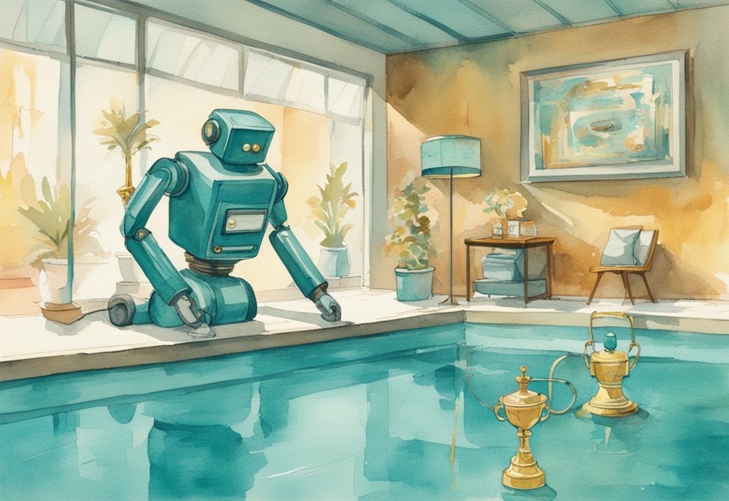 Vintage-Aquarell-Illustration eines Poolroboters, der einen funkelnden Swimmingpool reinigt, mit einer goldenen Trophäe als Testsieger.