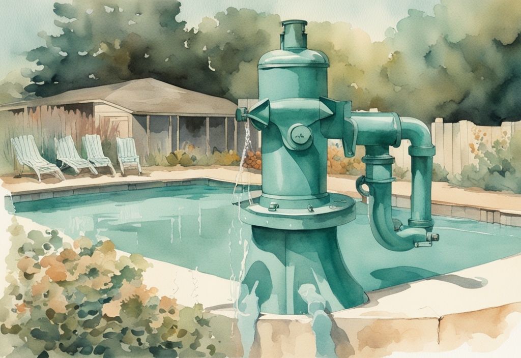 Vintage Aquarell-Illustration in Türkis zeigt eine Poolpumpe laufen lassen mit Abdeckung und sichtbare Wasserzirkulation im Pool.