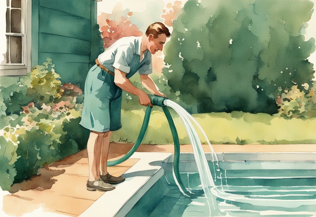 Vintage Aquarell-Illustration eines Mannes, der Wasser aus Pool ablassen mit Gartenschlauch in einem Hinterhof.