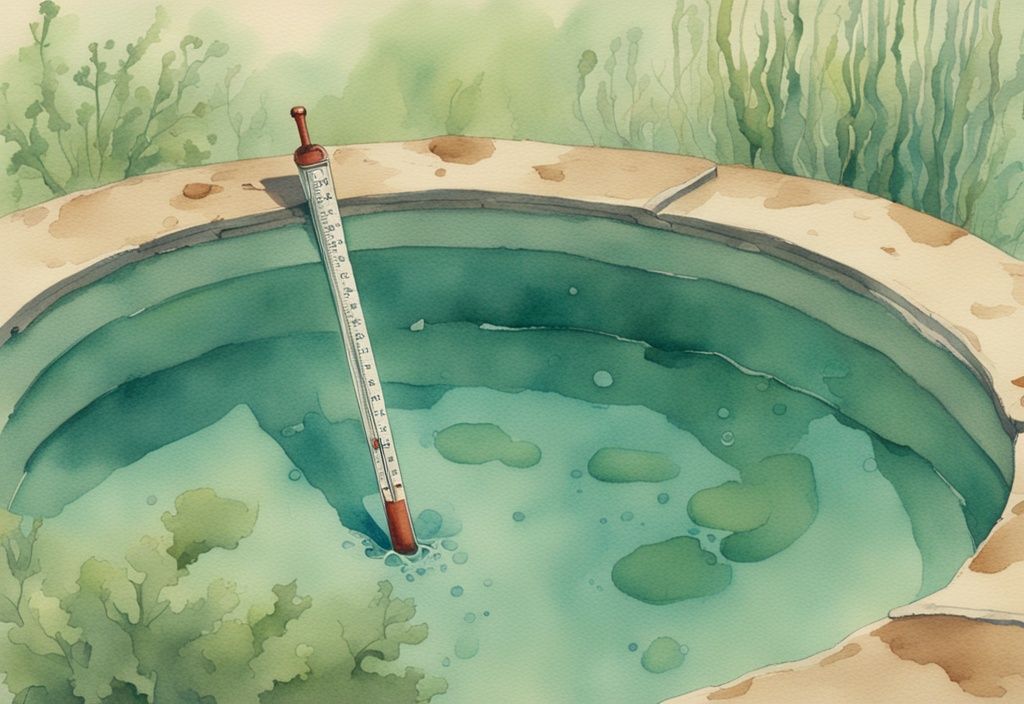 Vintage Aquarell-Illustration eines Thermometers in einem Pool mit sichtbarem Algenwachstum, das die Temperaturspanne zeigt, ab welcher Temperatur bilden sich Algen im Pool.