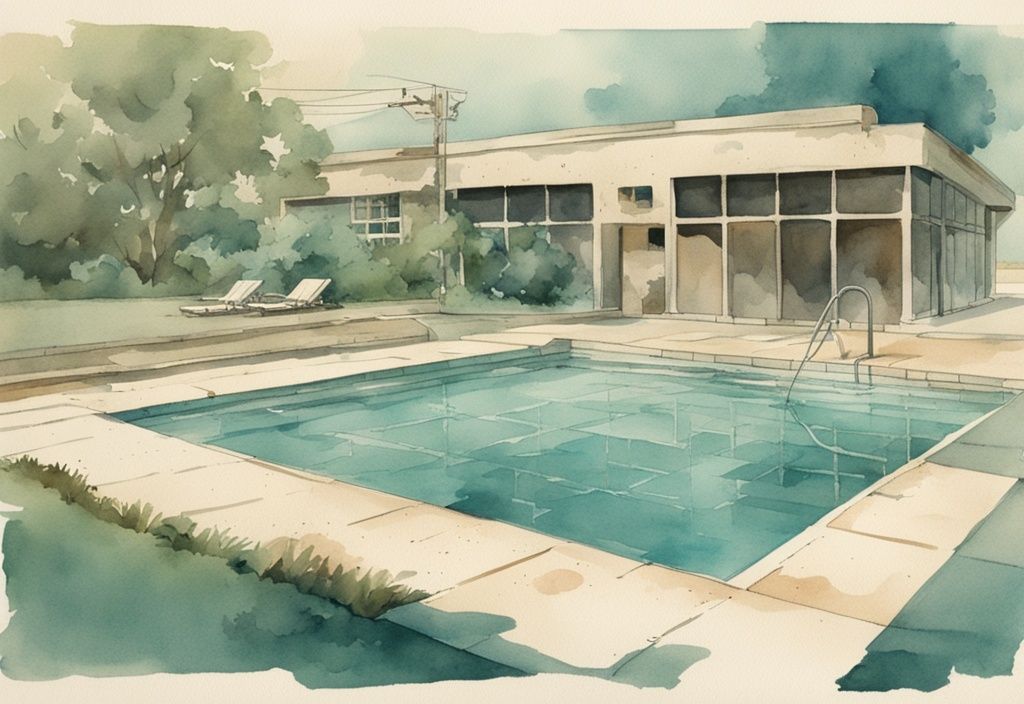 Vintage Aquarell-Illustration eines teilweise entleerten Schwimmbeckens mit sichtbarem Abflusssystem, Hauptfarbton Türkis