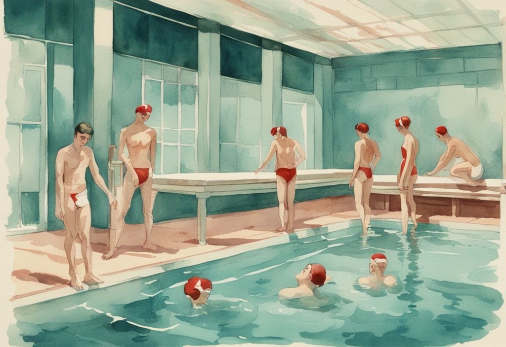 Vintage Aquarell-Illustration eines Pools mit Aktivsauerstoff, Schwimmer mit Augen- und Hautreizungen, symbolisiert durch rote Markierungen, Hauptfarbton Türkis