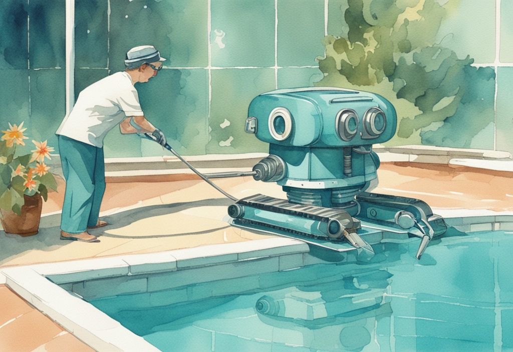 Vintage Aquarell-Illustration eines erstklassigen Poolroboters, der einen funkelnden blauen Pool reinigt, mit Hauptfarbthema in Türkis.