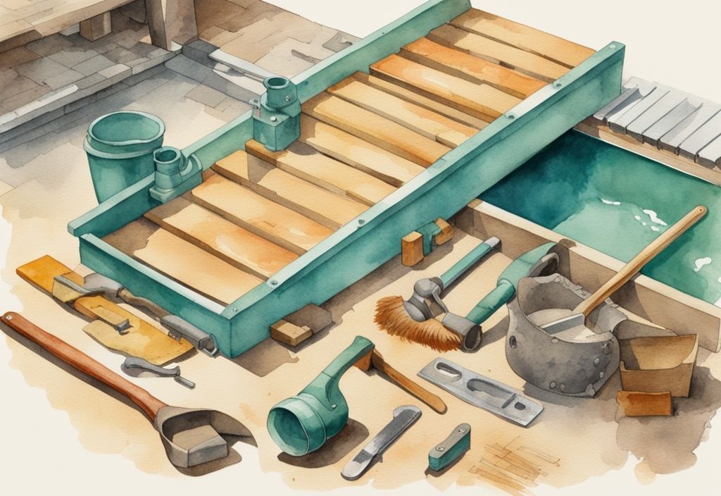 Vintage-Aquarell-Illustration mit Bauwerkzeugen und Materialien neben einem halbgebauten Poolrutsche, Hauptfarbton Teal.