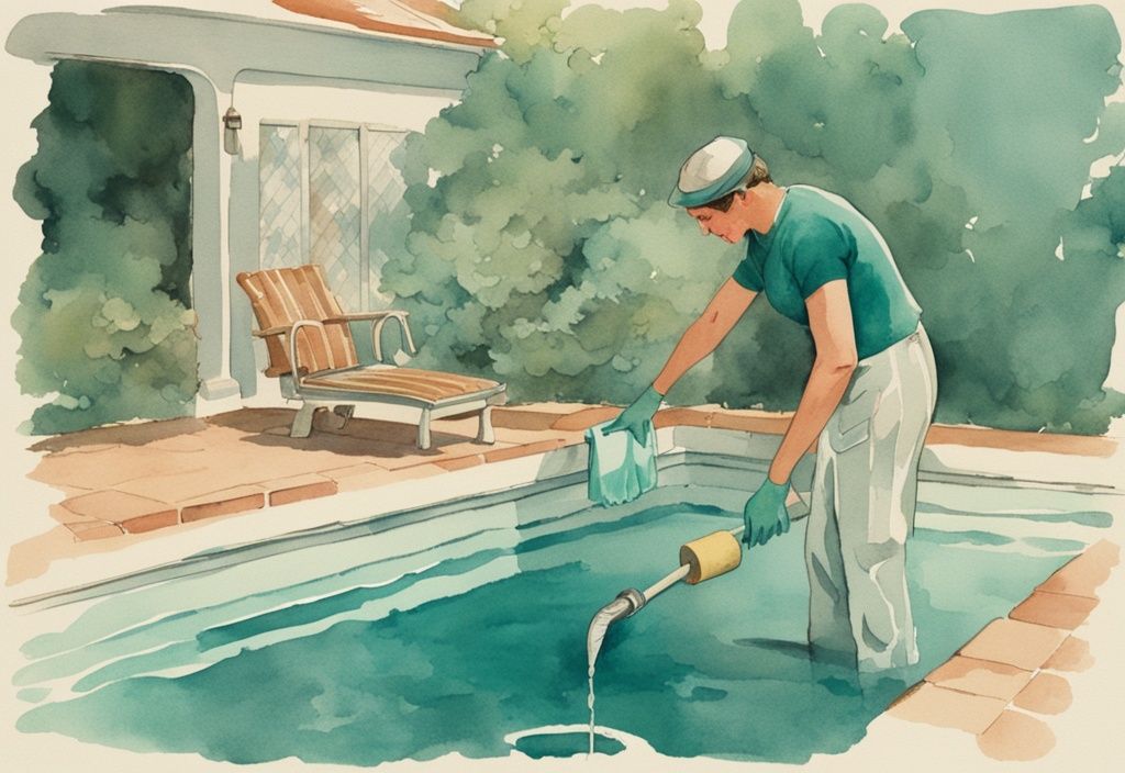 Vintage-Aquarell-Illustration einer Person, die die Poolfolie reinigen ohne Wasser ablassen mit speziellen Werkzeugen und Ausrüstung.