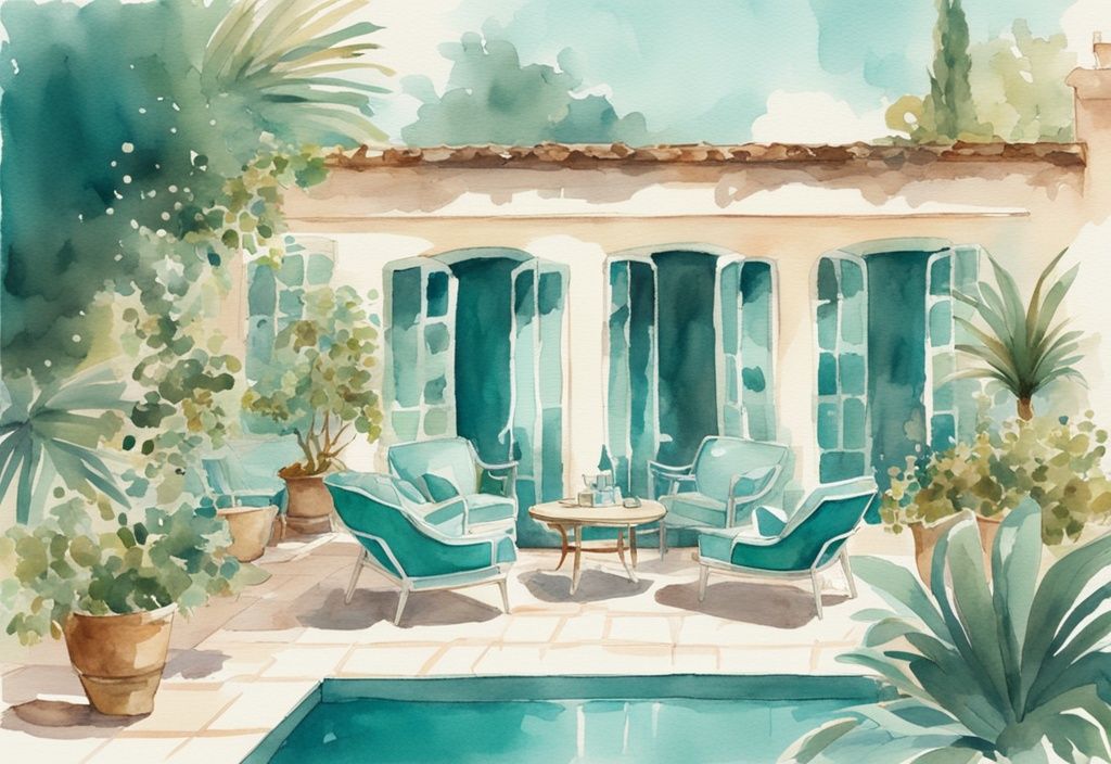 Vintage Aquarellillustration einer luftigen Terrasse mit glitzerndem blauen Pool, umgeben von Liegestühlen, üppigen Pflanzen und einem Outdoor-Essbereich, Hauptfarbton Teal