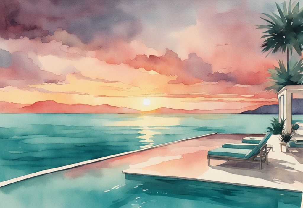 Vintage Aquarell-Illustration eines luxuriösen Infinity-Pools, der nahtlos ins Meer übergeht, vor einem atemberaubenden Sonnenuntergang in Teal-Tönen.