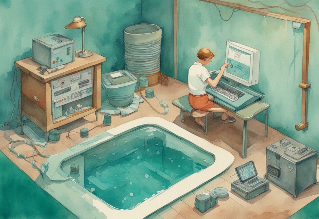 Vintage Aquarellillustration eines technikaffinen Individuums, das ein digitales Poolsystem aus einer Technikbox Pool selber bauen, sorgfältig den Anweisungen auf einem Tablet folgend.