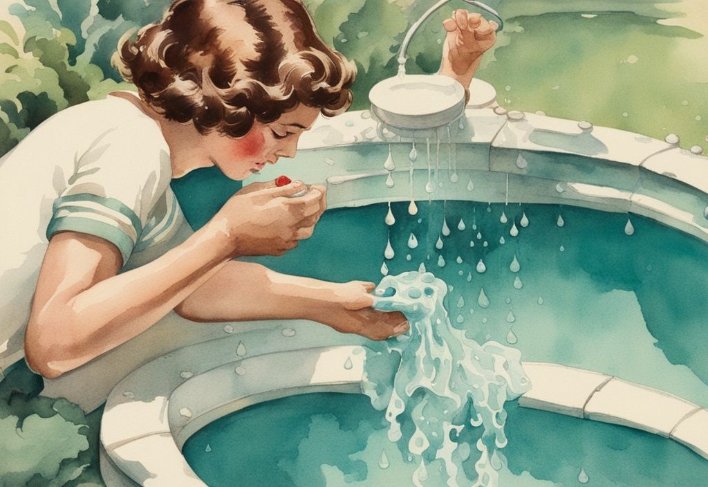 Vintage Aquarellillustration einer Person, die sorgfältig Tropfen von Lebensmittelfarbe in der Nähe eines vermuteten Lochs im Pool mit Lebensmittelfarbe finden lässt, wobei sich die Farbe sichtbar zum Loch hin bewegt.