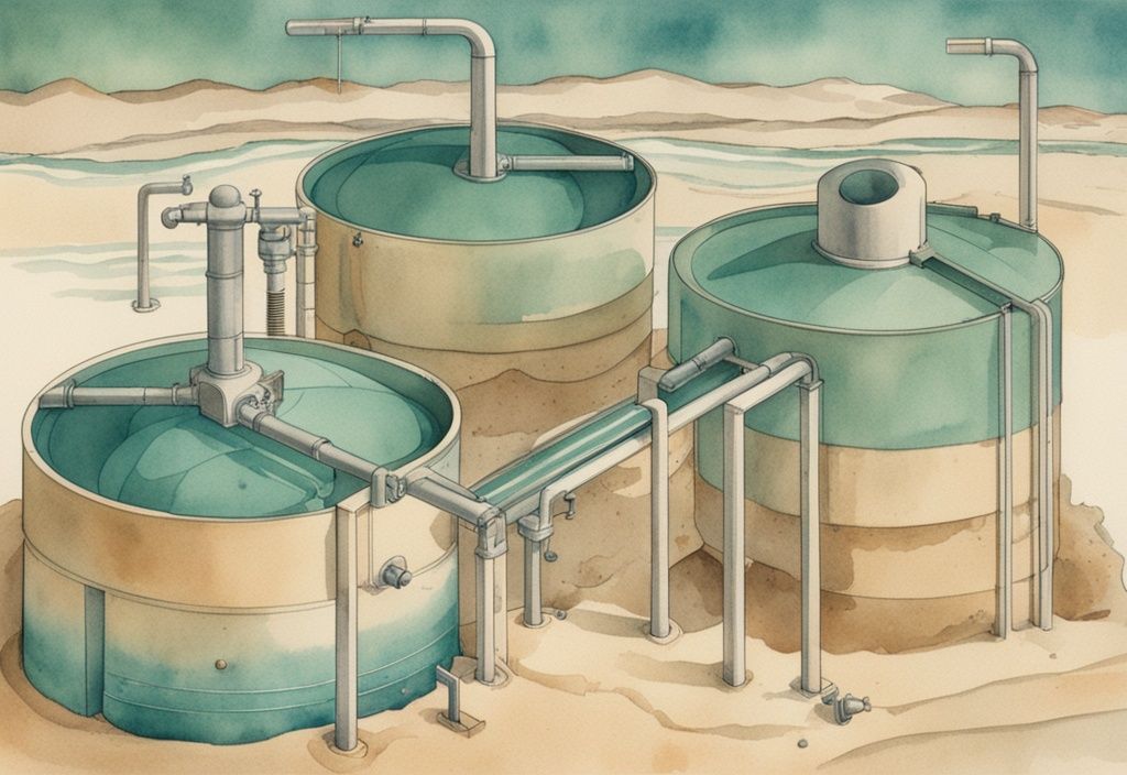 Vintage Aquarell-Illustration eines Sandfiltersystems mit Filterbällen und Hauptfarbthema Türkis