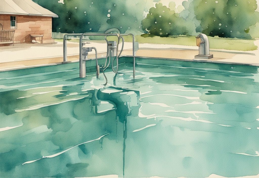 Vintage Aquarell-Illustration eines Außenpools mit Wasserleck an einer getrennten Pumpe, Hauptfarbe Türkis.