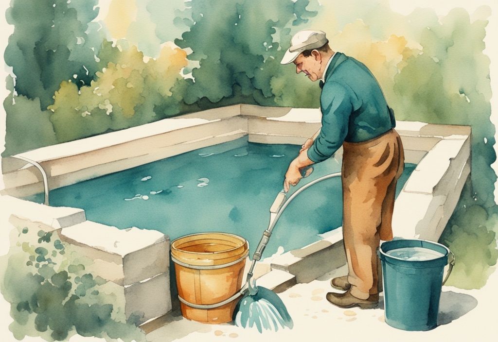 Vintage-Aquarell-Illustration eines professionellen Poolreinigers in Niedersachsen, der einen großen Eimer Wasser ausschüttet, Hauptfarbthema Teal.