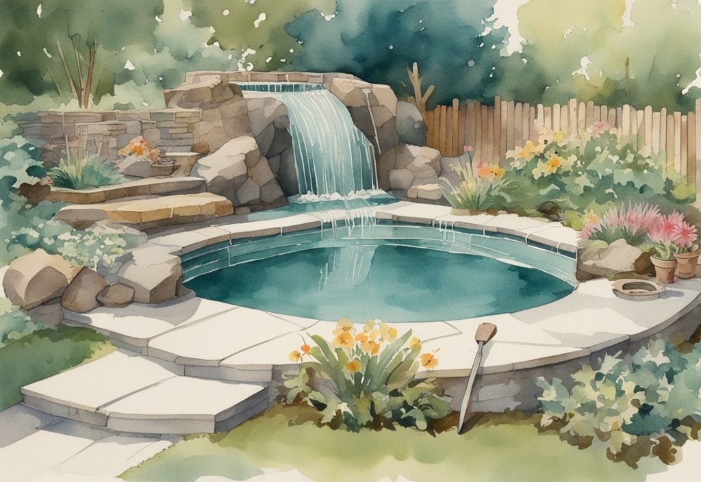 Vintage Aquarellillustration eines kürzlich gebauten Wasserfall-Pools in einem üppigen Garten mit Werkzeugen und Materialien am Rand, Hauptfarbe Teal – Wasserfall-Pool selber bauen.