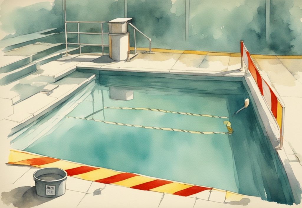 Vintage Aquarellillustration eines geleerten Pools mit Absperrband und Schild zur Strafe bei unsachgemäßer Poolwasserentsorgung in Teal-Farbtönen