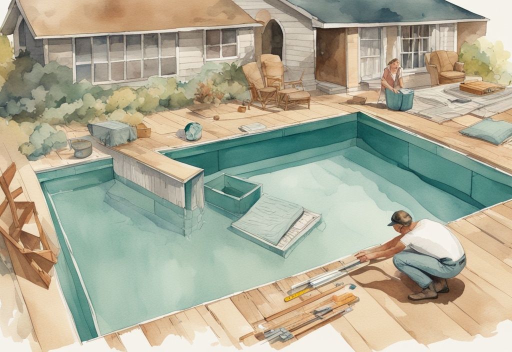 Vintage-Aquarell-Illustration eines Hausbesitzers beim Bau einer Poolabdeckung mit Materialien wie Maßband, Hammer und Sperrholz, Hauptfarbe Teal