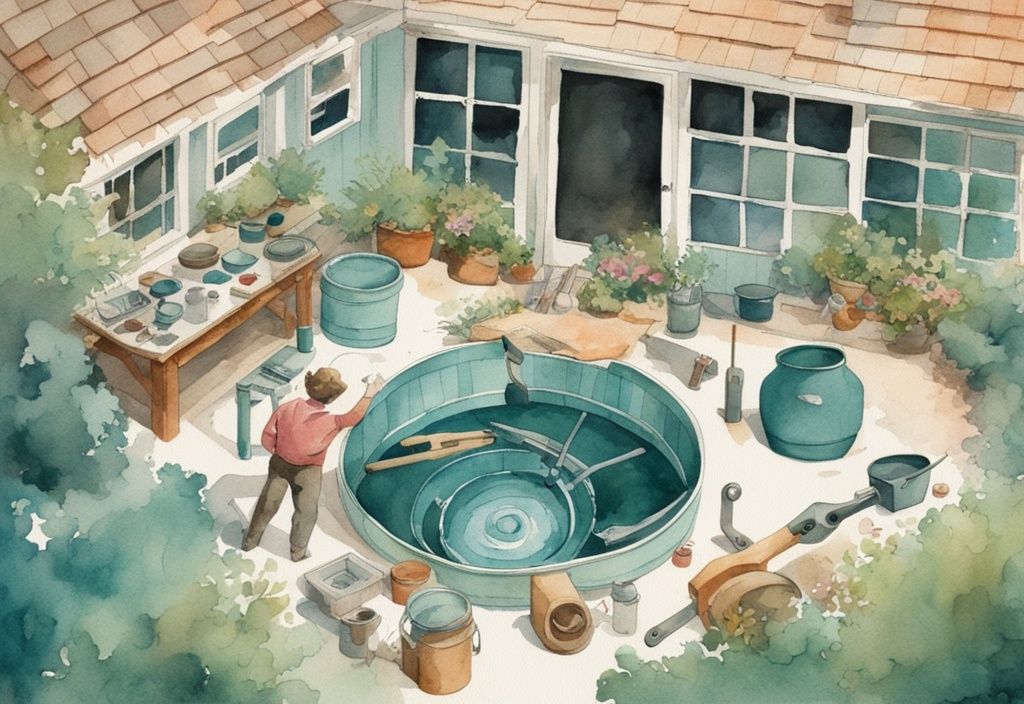 Vintage Aquarellillustration einer Person im Garten beim Zusammenbau eines selbstgemachten Whirlpools, umgeben von Werkzeugen und Teilen, Hauptfarbton Teal.