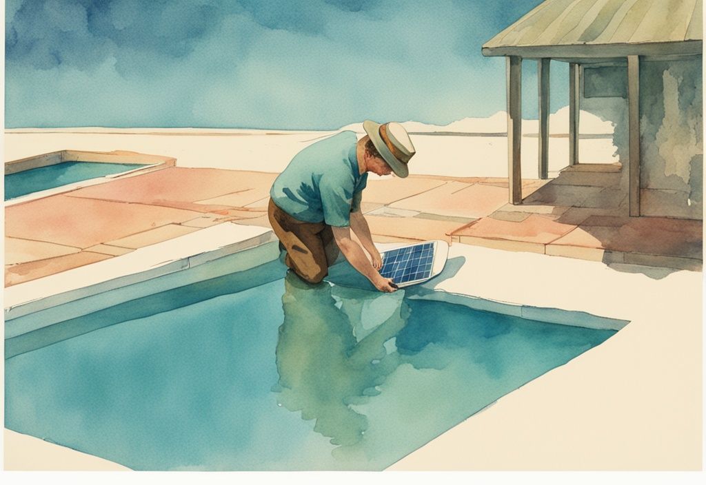 Vintage-Aquarell-Illustration einer Person, die eine Solarplane über einen hellblauen Pool unter klarem Himmel legt, wie rum kommt die Solarplane auf den Pool.