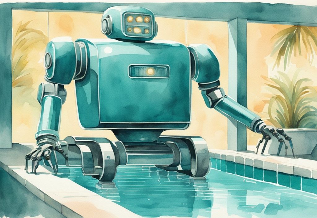 Vintage-Aquarell-Illustration eines modernen Poolroboters, der einen funkelnden blauen Pool reinigt, mit hervorgehobenen Top-Funktionen; bester Poolroboter in Teal-Farbtönen.