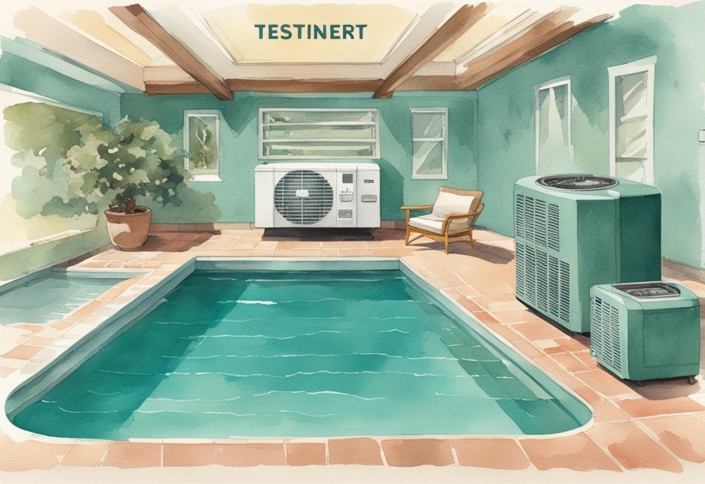 Vintage-Aquarell-Illustration in Teal mit einem "Test Winner"-Pokal neben einem modernen Full-Inverter-Wärmepumpe-Pool-Testsieger, der fortschrittliche Technologie und Premiumqualität zeigt.