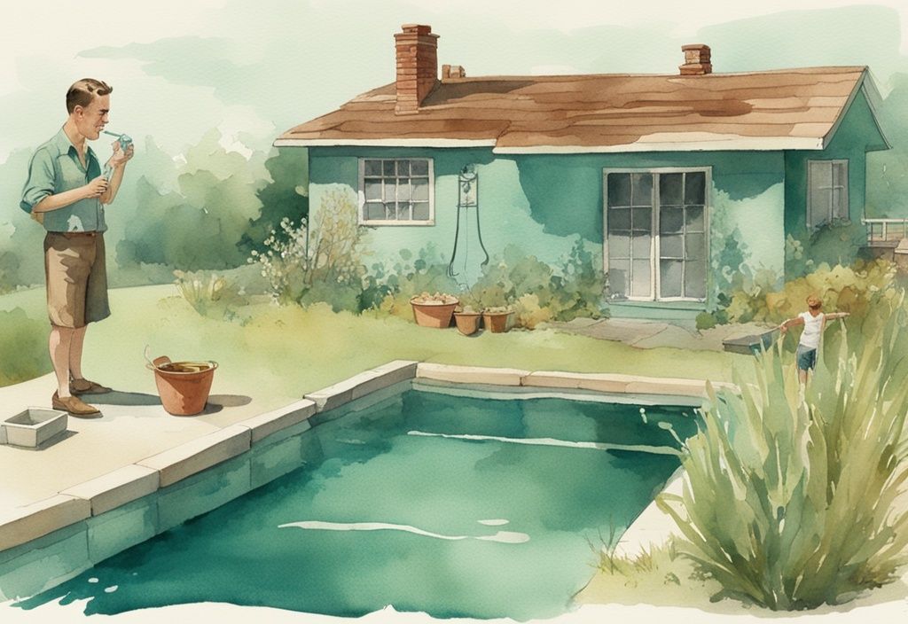 Vintage-Aquarellillustration eines verzweifelten Hausbesitzers vor einem algengefüllten Swimmingpool, der eine selbstgemachte Mischung aus Chemikalien und Haushaltsmitteln zur Behandlung des grünen Poolwassers analysiert. Keyword: Poolwasser grün Hausmittel.