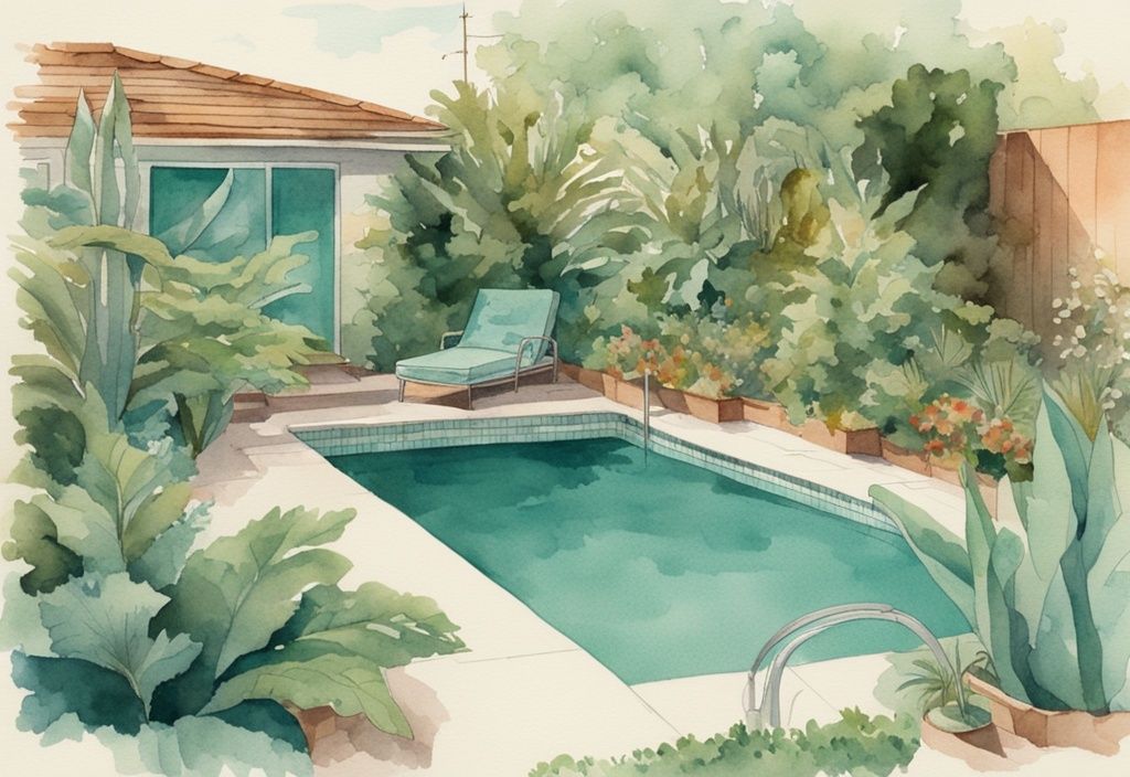 Vintage Aquarell-Illustration eines üppigen Gartenbereichs mit Swimmingpool, umgeben von hohen grünen Pflanzen als Sichtschutz, Hauptfarbton Teal.