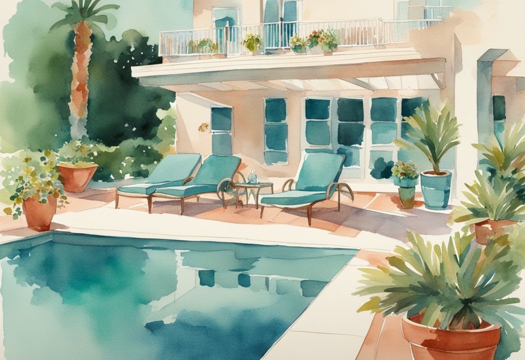 Vintage Aquarellillustration einer modernen Terrasse mit integriertem Pool, umgeben von Gartenmöbeln und Topfpflanzen, Hauptfarbthema Teal.